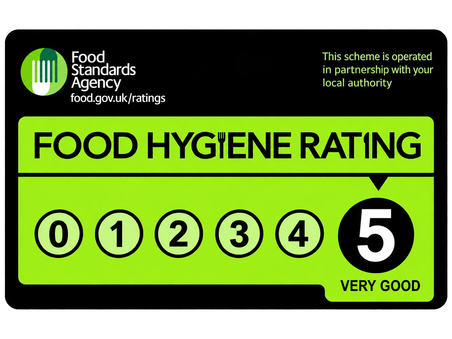 Food Standards Agency food hygiene rating: 5 — Very Good